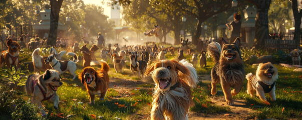 A photorealistic image of a dog park filled with happy, diverse breeds playing together, with copyspace on the right to advertise your pet adoption center's selection.