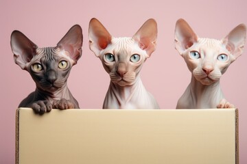 Group portrait photography of a happy sphynx cat box sitting in pastel or soft colors background