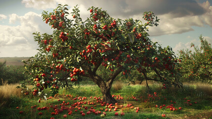 early harvest apple tree laden with ripe fruit, with its branches weighed down  clusters of crisp and juicy apples in shades of red and green, signaling the beginning of the harvest season