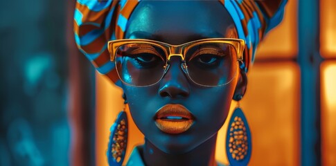Beautiful African American woman in bright stylish clothes. Glamorous female model with artistic makeup. Creative colorful style