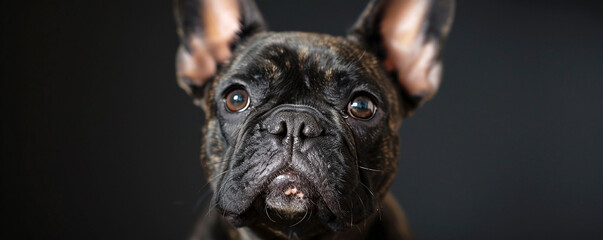 A close-up portrait of a French Bulldog with a heartwarming smile, positioned on the left side of...