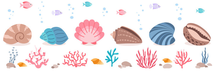 Seashells and Ocean plants set in simple style. Seaweed collection in flat design on a white background. 

