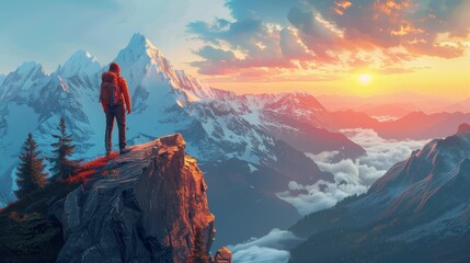 Travel and Exploration: A 3D vector illustration of a traveler standing on a cliff, looking out at a vast landscape with mountains and a sunset