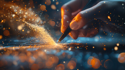 Close-up of a visionary entrepreneur sketching the next big idea on a digital screen. Sparks of creativity visibly emanate from the pen, capturing the essence of innovation and success.