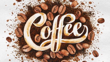 Artistic Coffee Lettering Surrounded by Scattered Coffee Beans on Textured Background.