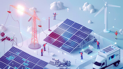 Workers assemble energy system with solar panel for electricity - obrazy, fototapety, plakaty