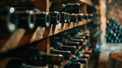 Naklejka premium Wine bottles stacked on wooden rack, Wine collections stored in cellar on shelf