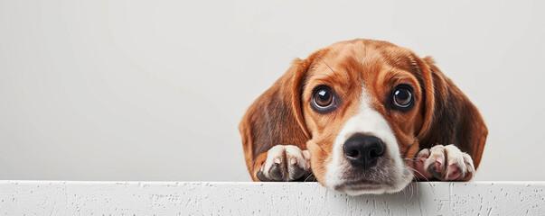 A mischievous Beagle puppy peeking out from behind the right edge of the banner, with ample copyspace on the left for your pet adoption advertisement.