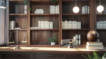 Fototapeta premium Legal office with gavel scales of justice and bookshelf symbolizing law and order in a modern setting