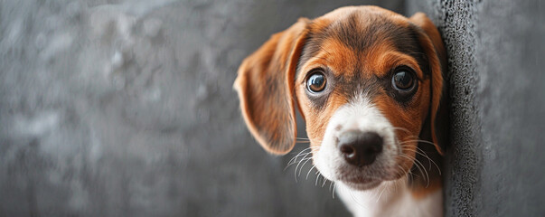 A mischievous Beagle puppy peeking out from behind the right edge of the banner, with ample...