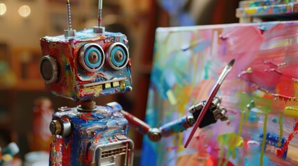 cute robot holding an artist's paintbrush, painting on canvas with vibrant colors
