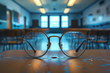 A forgotten pair of glasses rests on a desk in an empty classroom, as if their owner vanished...
