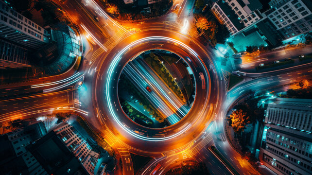 top view , night , roundabout interchange of a city, Expressway is an important infrastructure