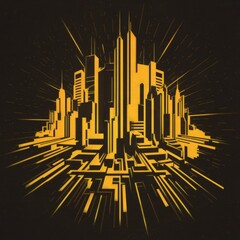 Futuristic Cityscape in Black and Yellow with Dynamic Light Rays.