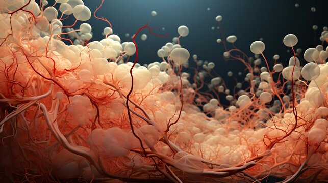 A network of blood vessels with red and white blood cells flowing through them