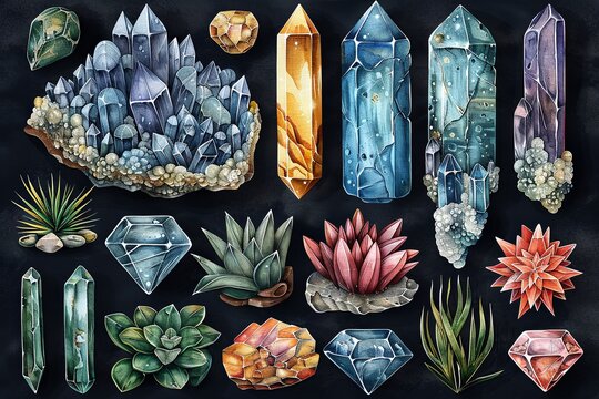 Gemstones and Crystals Icon Set: 2D Flat Vector Illustrations