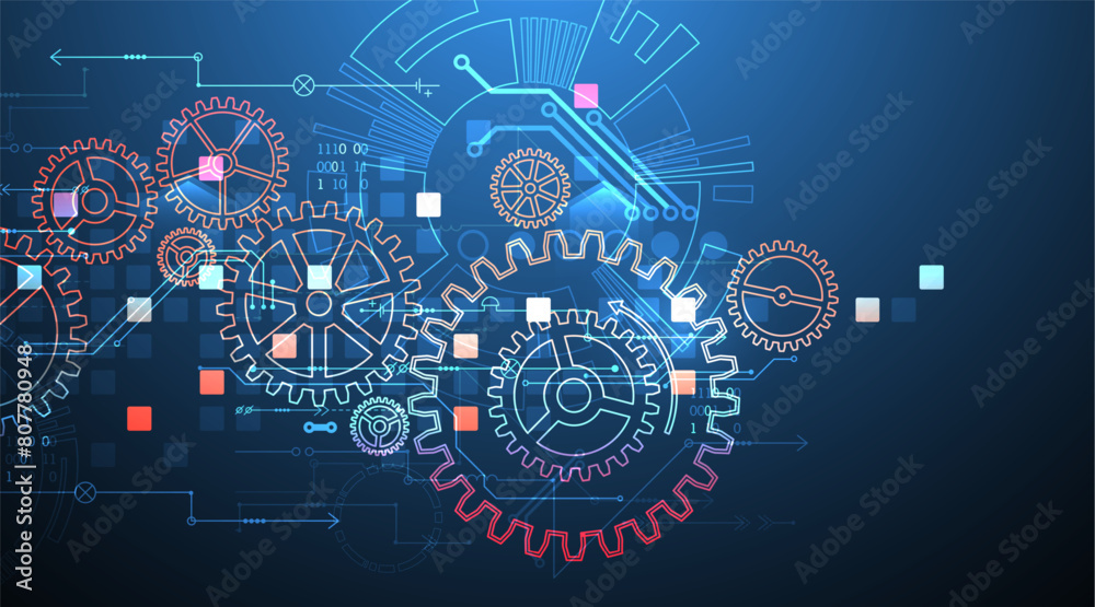 Poster gear wheel technology pattern on gradient background. hand drawn vector.