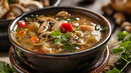 Mushroom soup with chicken and vegetables in a bowl on the table