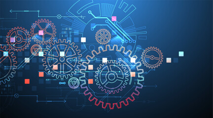 Gear wheel technology pattern on gradient background. Hand drawn vector.