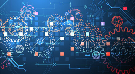 Gear wheel technology pattern on gradient background. Hand drawn vector.