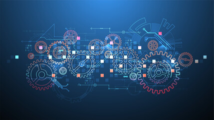 Gear wheel technology pattern on gradient background. Hand drawn vector.
