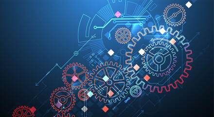 Obraz premium Gear wheel technology pattern on gradient background. Hand drawn vector.