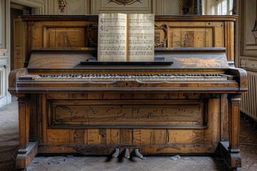 Fototapeta na wymiar A single sheet of music rests on a piano in an empty music room, its notes silent and unheard in the absence of a player.