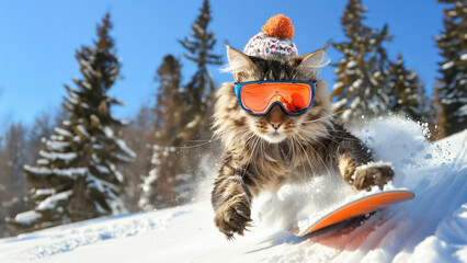 A cat wearing goggles and a pom-pom hat confidently snowboarding down a snowy hill surrounded by pine trees. - Powered by Adobe