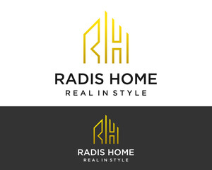 Letter RH monogram building house real estate logo design.