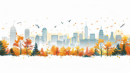 Cityscape view with vivid autumn foliage blending into the urban architecture under a soft sky.