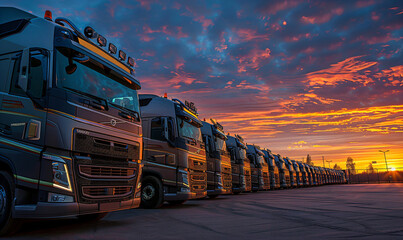 Row of trucks at sunset in logistics hub. Transport and freight industry concept for design and banner.