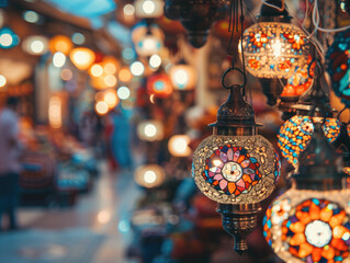 An animated market displays a variety of lanterns adorned with intricate oriental patterns. One particular lamp captivates onlookers with its detailed beauty, serving as the main attraction.