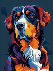 Colorful, Abstract Art Portrait of a Dog in Vivid Tones on dark background.