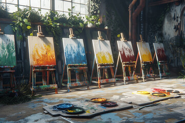 An art room with empty easels and dried paint palettes.