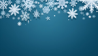 Christmas background of paper snowflakes with soft shadows, white on blue background
