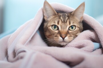 Lifestyle portrait photography of a funny havana brown cat kneading a blanket in front of pastel or soft colors background - obrazy, fototapety, plakaty