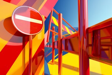 A colorful sign is on a pole in front of a colorful wall