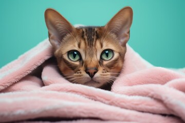 Lifestyle portrait photography of a funny havana brown cat kneading a blanket isolated in pastel or soft colors background - obrazy, fototapety, plakaty