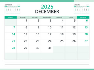 Calendar 2025 template vector on green background, December 2025 template, Planner, week start on Sunday,  Desk calendar 2025 design, minimal wall calendar, Corporate planner template vector