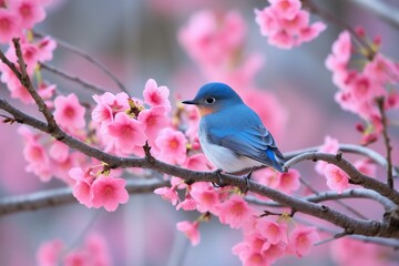 Fototapeta premium Blue bird perched delicately among vibrant pink cherry blossoms. Soft focus on surrounding petals emphasizes birds vivid blue plumage, gentle contrast between vivid colors, offering serene portrayal