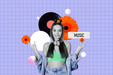 Composite photo collage of happy funky girl show horns rock sign vinyl disk music party relax gerbera flower isolated on painted background