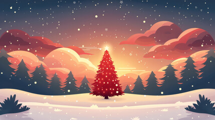 Naklejka premium A lone Christmas tree illuminated with string lights in a snowy winter landscape at dusk.