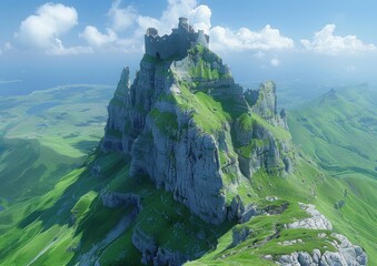 Towering green mountain with a castle perched on top