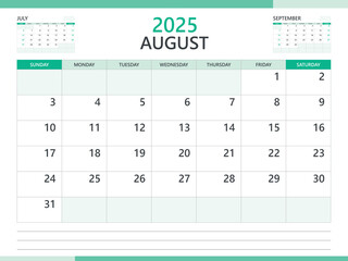 Calendar 2025 template vector on green background, August 2025 template, Planner, week start on Sunday,  Desk calendar 2025 design, minimal wall calendar, Corporate planner template vector