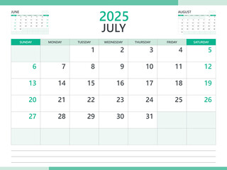 Calendar 2025 template vector on green background, July 2025 template, Planner, week start on Sunday,  Desk calendar 2025 design, minimal wall calendar, Corporate planner template vector