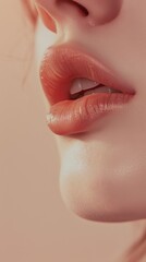 A macro shot focusing on a part of a mouth with peach lipstick giving a warm, feminine touch to the aesthetic composition