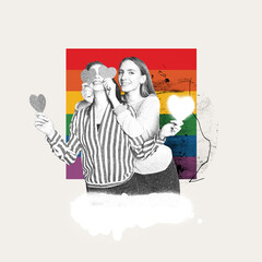 Young smiling girl covering eyes of her girlfriend, surprising her. Celebration of love. Contemporary art collage. Concept of LGBT, equality, pride month, support, love, human rights, event
