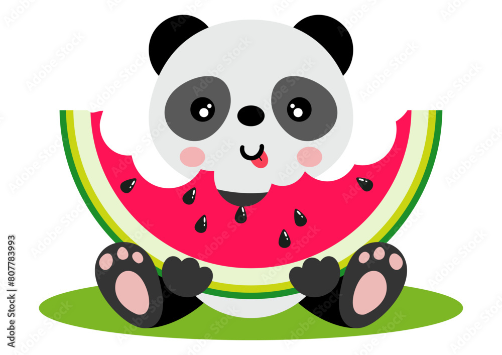 Sticker cute panda sitting eating a slice of watermelon.