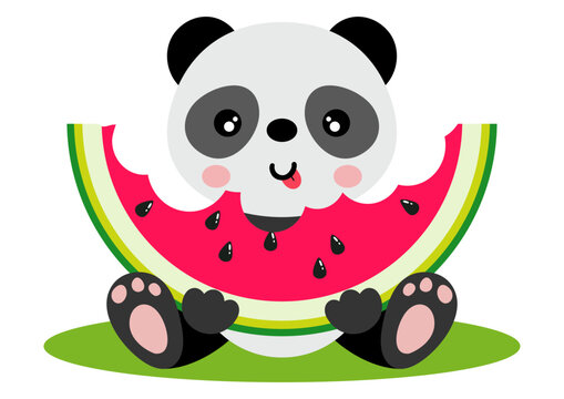 recommend clip art: Cute panda sitting eating a slice of watermelon.