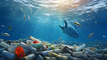 Many trash underwater in the ocean problem of pollution and ecology of the sea
